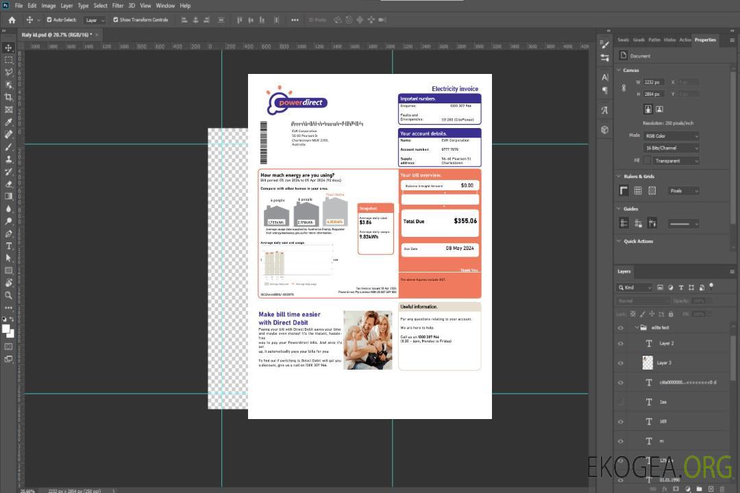 Modèle de facture de services publics d'électricité Powerdirect pour l'Australie au format Word et PDF template